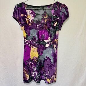 A BYER Womens VTG Y2K Artsy Babydoll Top Medium Abstract Fairy Grunge Purple Tie